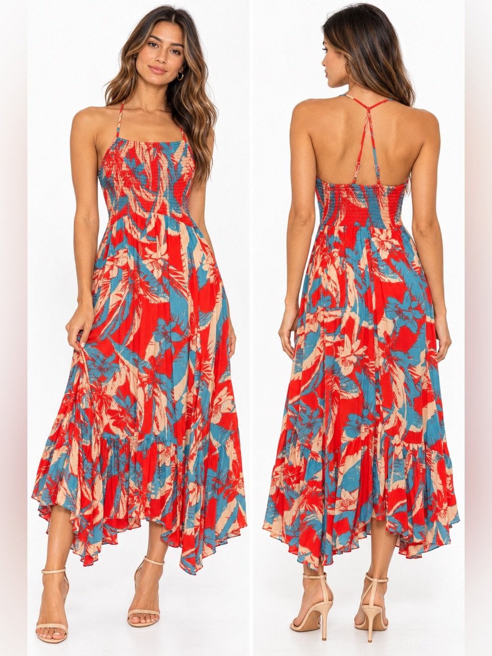 Free People Smocked Halter High-Low Floral Dress in Red and Blue
